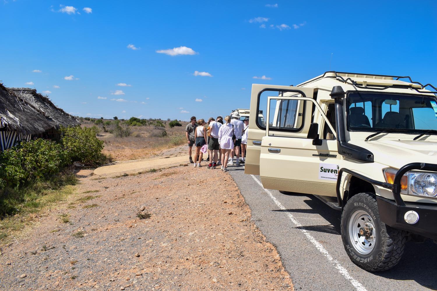Safari game drive vehicle crossing the Maasai Mara savannah at sunrise Kenya